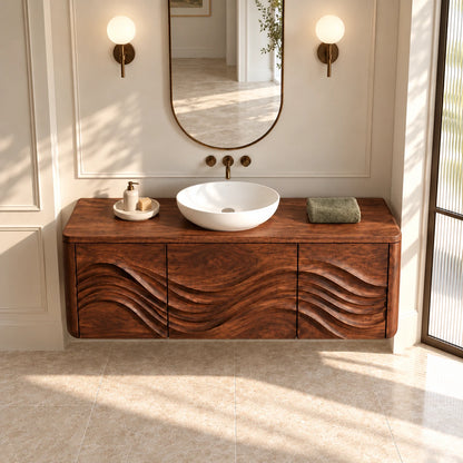 Floating Wood Bathroom Vanity with Three Wave-Carved Doors and Vessel Basin Top - Woodenecho - 5