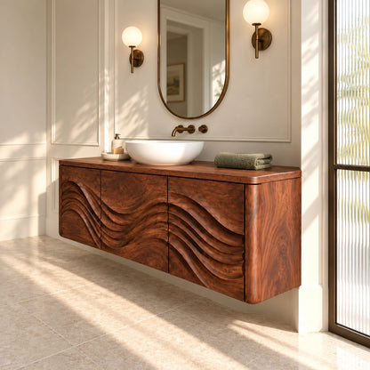Floating Wood Bathroom Vanity with Three Wave-Carved Doors and Vessel Basin Top - Woodenecho - 6