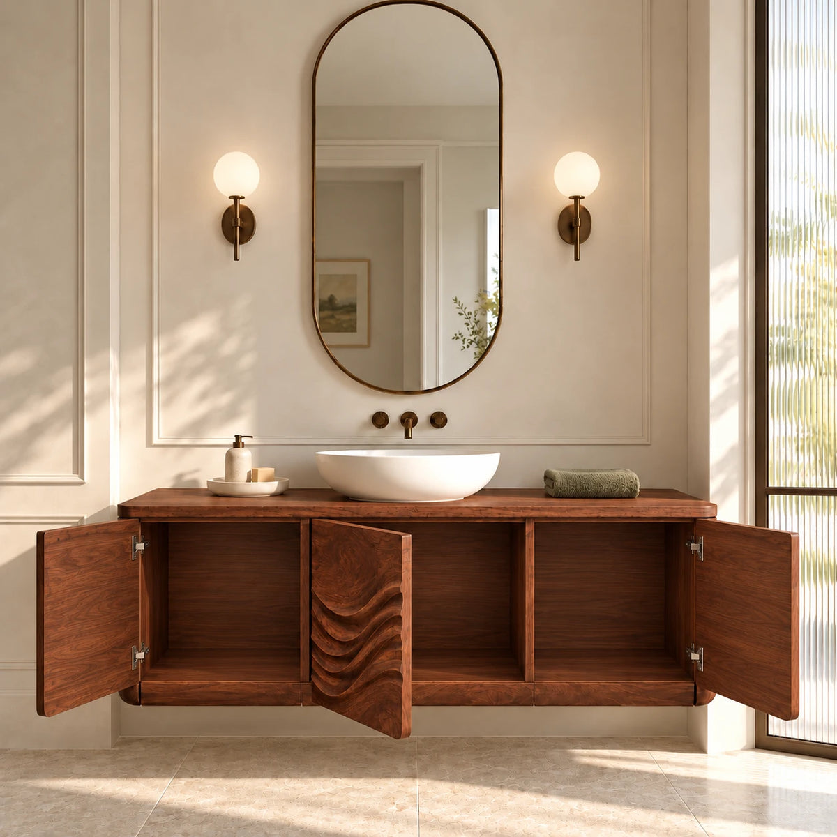 Floating Wood Bathroom Vanity with Three Wave-Carved Doors and Vessel Basin Top - Woodenecho - 7