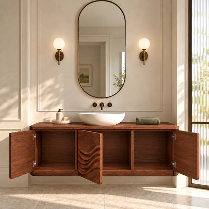 Floating Wood Bathroom Vanity with Three Wave-Carved Doors and Vessel Basin Top - Woodenecho - 7