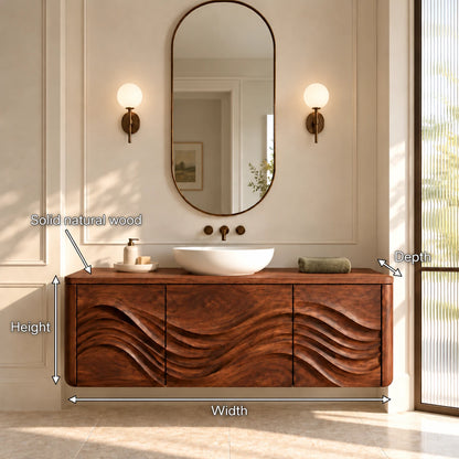 Floating Wood Bathroom Vanity with Three Wave-Carved Doors and Vessel Basin Top - Woodenecho - 8