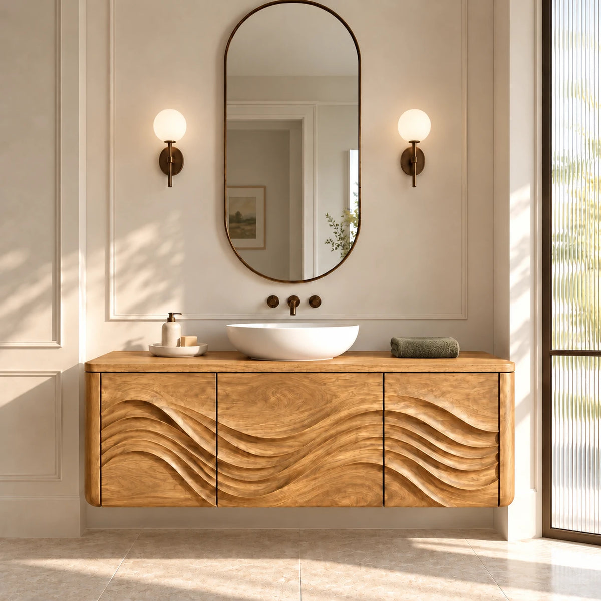 Floating Wood Bathroom Vanity with Three Wave-Carved Doors and Vessel Basin Top - Woodenecho - 9
