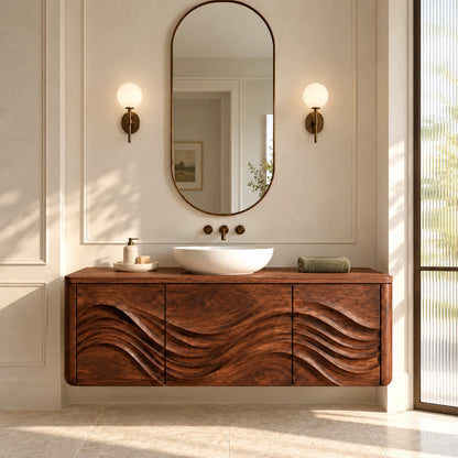 Floating Wood Bathroom Vanity with Three Wave-Carved Doors and Vessel Basin Top - Woodenecho