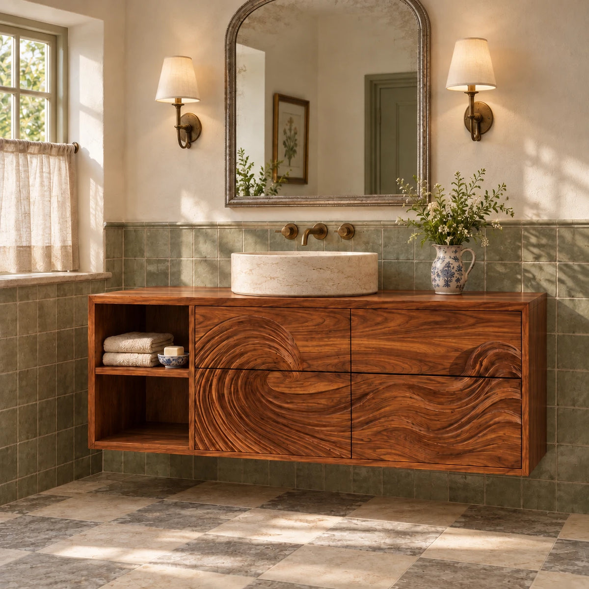 Floating Wood Bathroom Vanity with Wave-Carved Drawers and Open Two-Tier Shelf - Woodenecho - 10