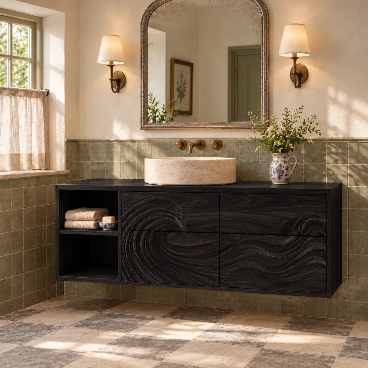 Floating Wood Bathroom Vanity with Wave-Carved Drawers and Open Two-Tier Shelf - Woodenecho - 11