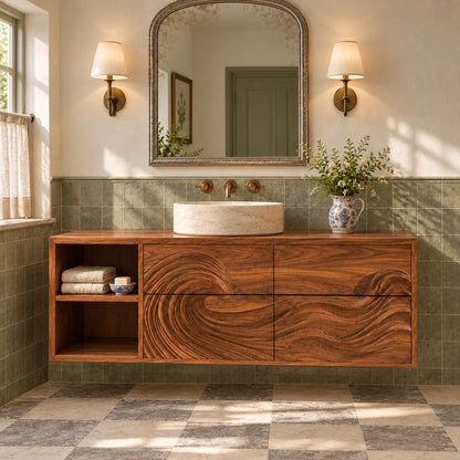 Floating Wood Bathroom Vanity with Wave-Carved Drawers and Open Two-Tier Shelf - Woodenecho - 2