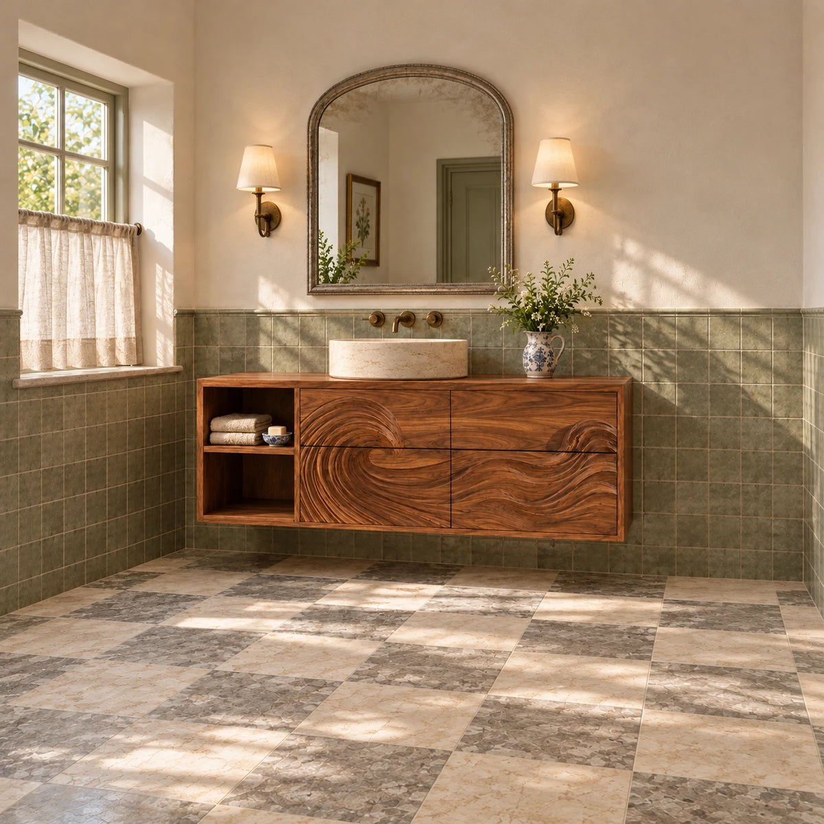 Floating Wood Bathroom Vanity with Wave-Carved Drawers and Open Two-Tier Shelf - Woodenecho - 3