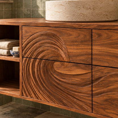 Floating Wood Bathroom Vanity with Wave-Carved Drawers and Open Two-Tier Shelf - Woodenecho - 4