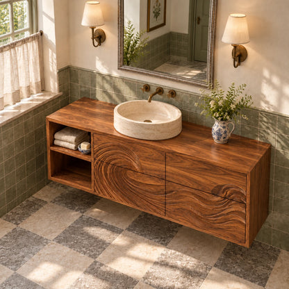 Floating Wood Bathroom Vanity with Wave-Carved Drawers and Open Two-Tier Shelf - Woodenecho - 5