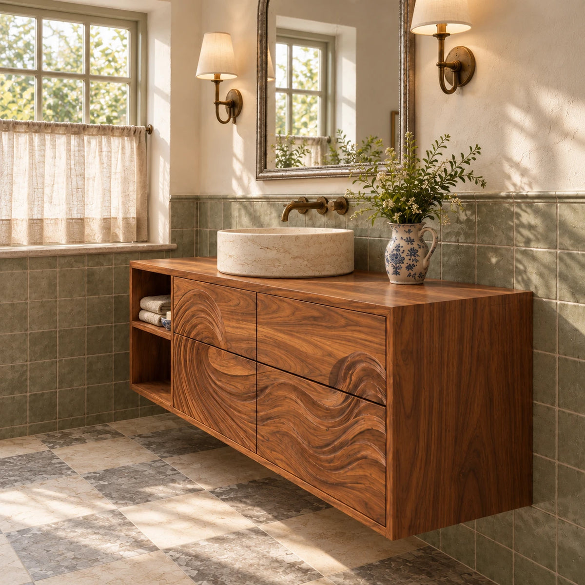 Floating Wood Bathroom Vanity with Wave-Carved Drawers and Open Two-Tier Shelf - Woodenecho - 6