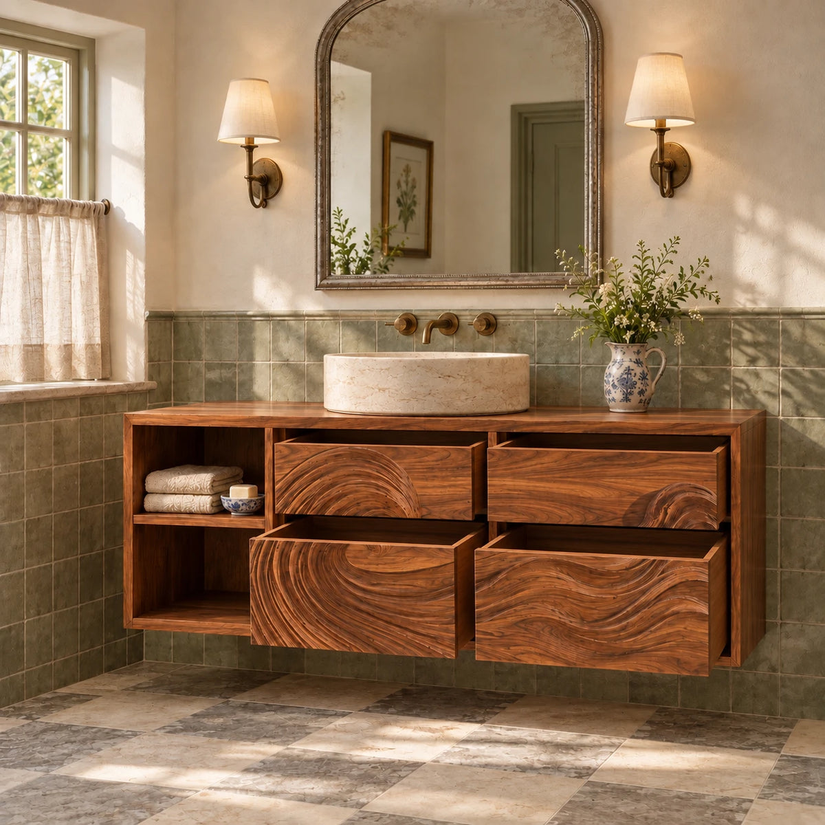 Floating Wood Bathroom Vanity with Wave-Carved Drawers and Open Two-Tier Shelf - Woodenecho - 7