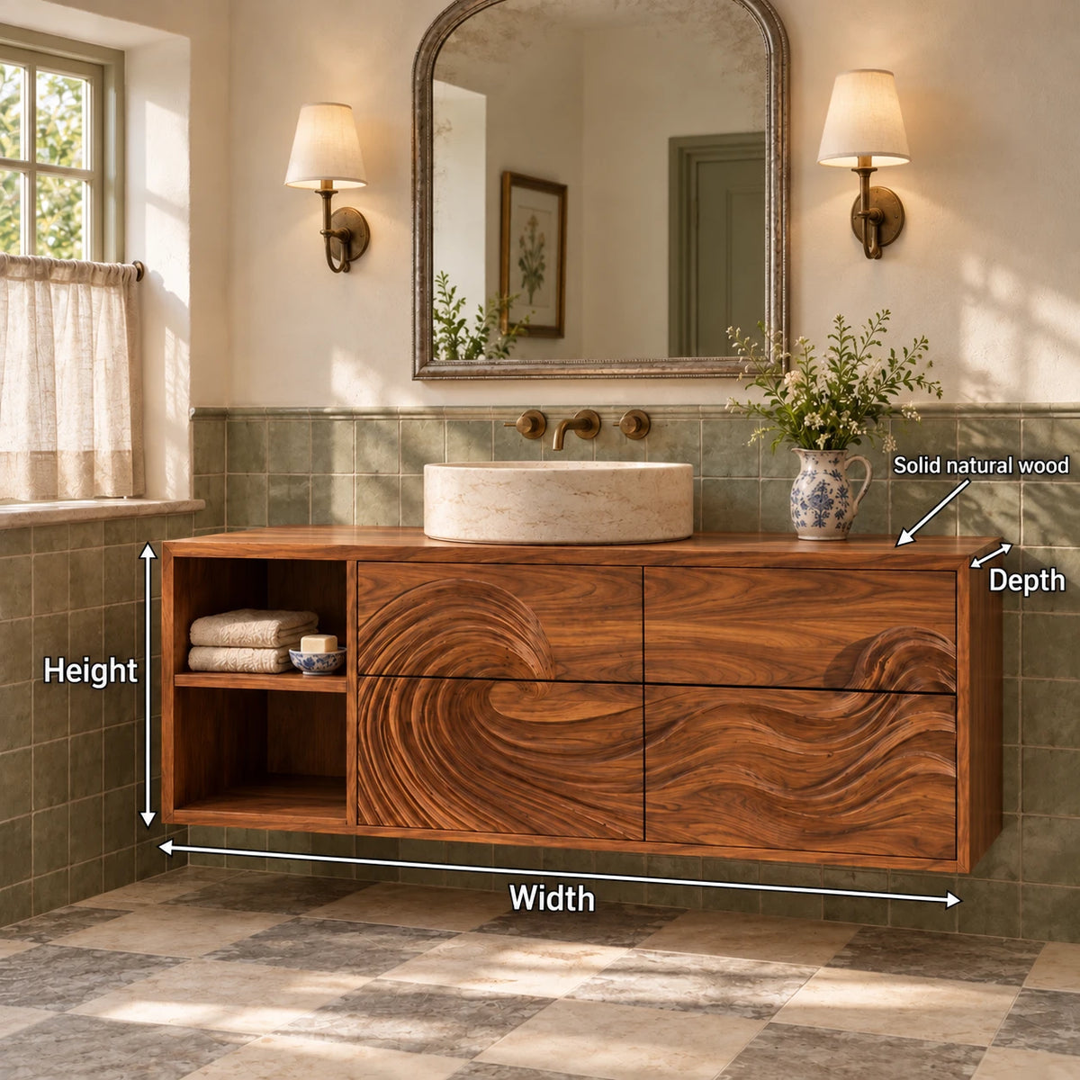 Floating Wood Bathroom Vanity with Wave-Carved Drawers and Open Two-Tier Shelf - Woodenecho - 8