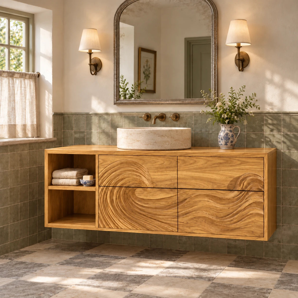 Floating Wood Bathroom Vanity with Wave-Carved Drawers and Open Two-Tier Shelf - Woodenecho - 9