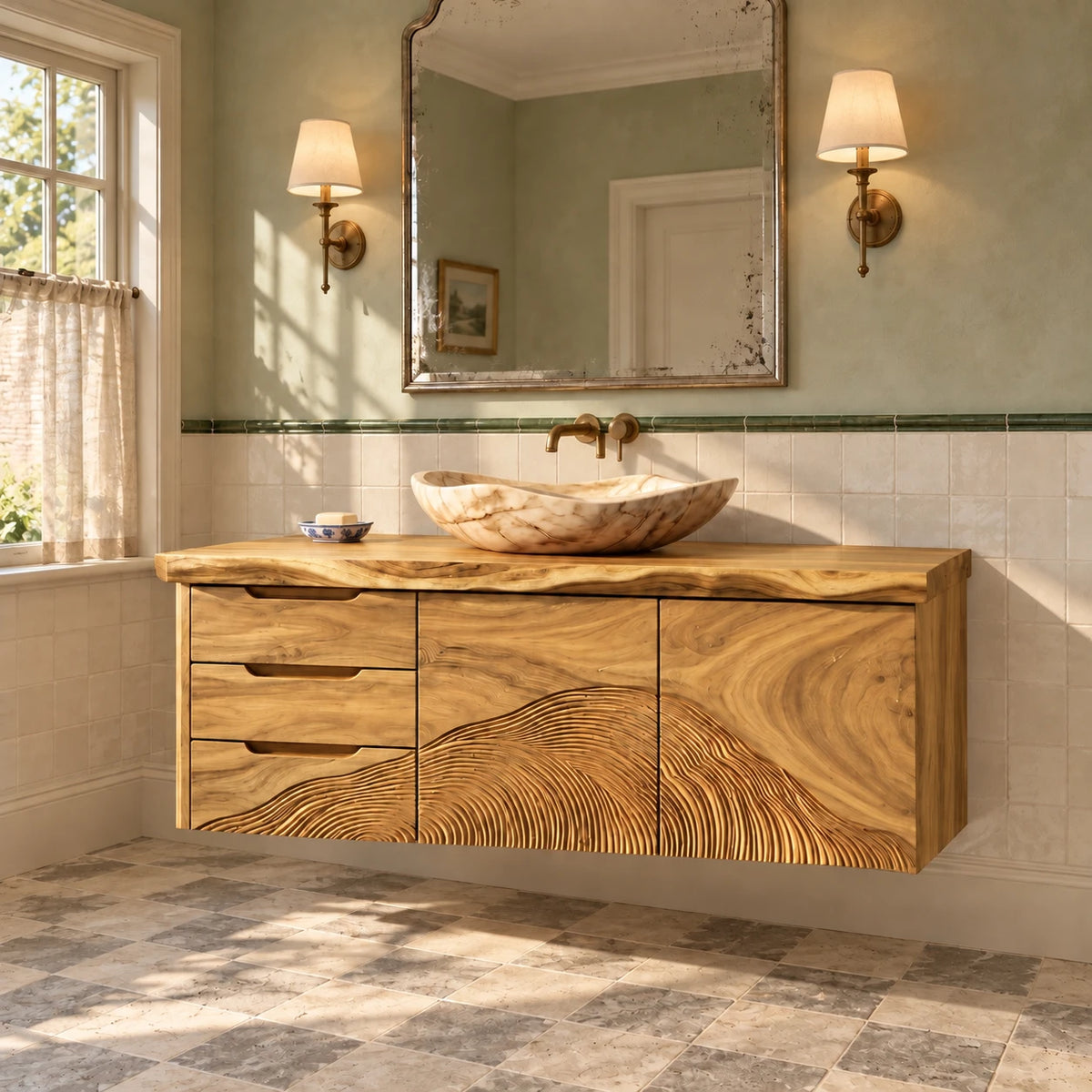 Floating Wood Vanity with Live-Edge Slab, Three Drawers and Wave-Carved Doors - Woodenecho - 10