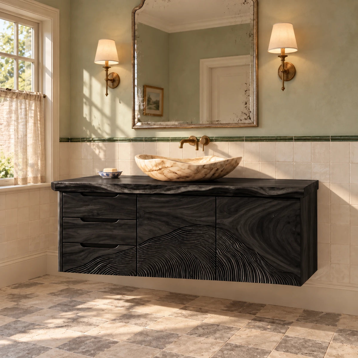 Floating Wood Vanity with Live-Edge Slab, Three Drawers and Wave-Carved Doors - Woodenecho - 11