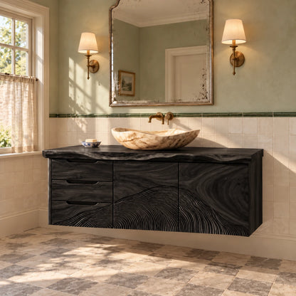 Floating Wood Vanity with Live-Edge Slab, Three Drawers and Wave-Carved Doors - Woodenecho - 11