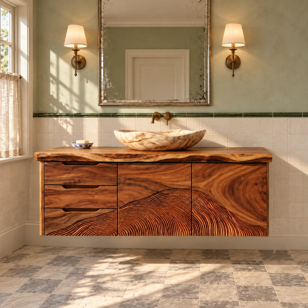 Floating Wood Vanity with Live-Edge Slab, Three Drawers and Wave-Carved Doors - Woodenecho - 2