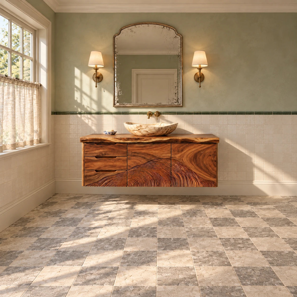 Floating Wood Vanity with Live-Edge Slab, Three Drawers and Wave-Carved Doors - Woodenecho - 3