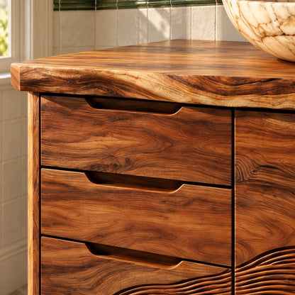 Floating Wood Vanity with Live-Edge Slab, Three Drawers and Wave-Carved Doors - Woodenecho - 4