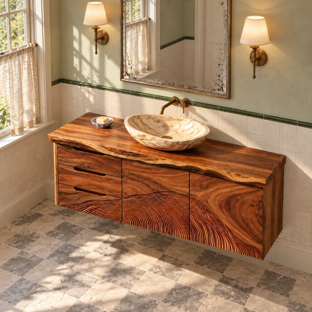 Floating Wood Vanity with Live-Edge Slab, Three Drawers and Wave-Carved Doors - Woodenecho - 5