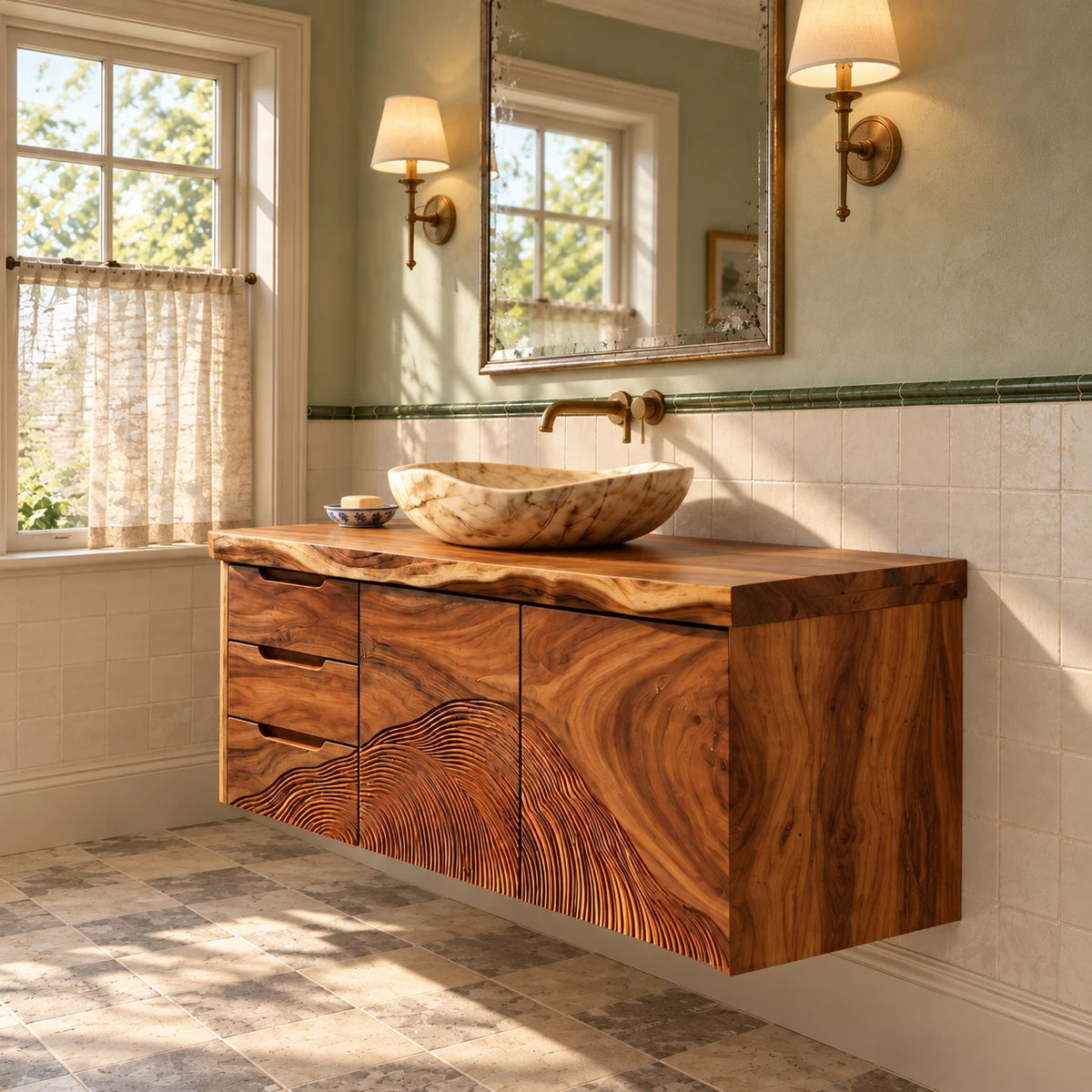 Floating Wood Vanity with Live-Edge Slab, Three Drawers and Wave-Carved Doors - Woodenecho - 6