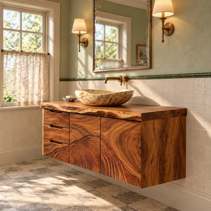 Floating Wood Vanity with Live-Edge Slab, Three Drawers and Wave-Carved Doors - Woodenecho - 6