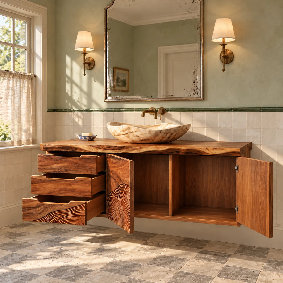 Floating Wood Vanity with Live-Edge Slab, Three Drawers and Wave-Carved Doors - Woodenecho - 7