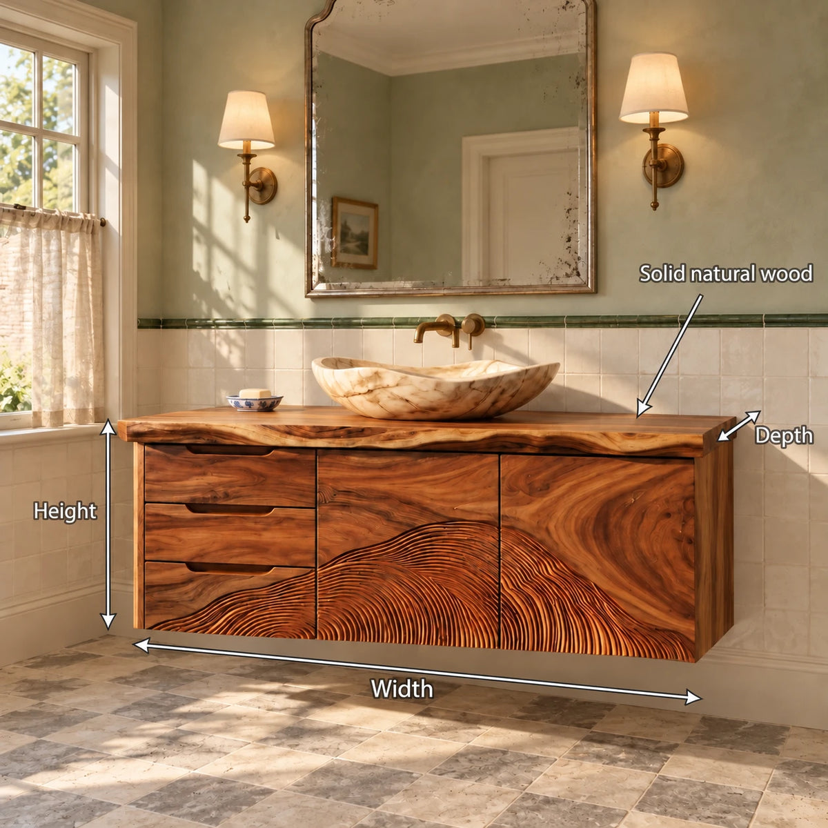 Floating Wood Vanity with Live-Edge Slab, Three Drawers and Wave-Carved Doors - Woodenecho - 8