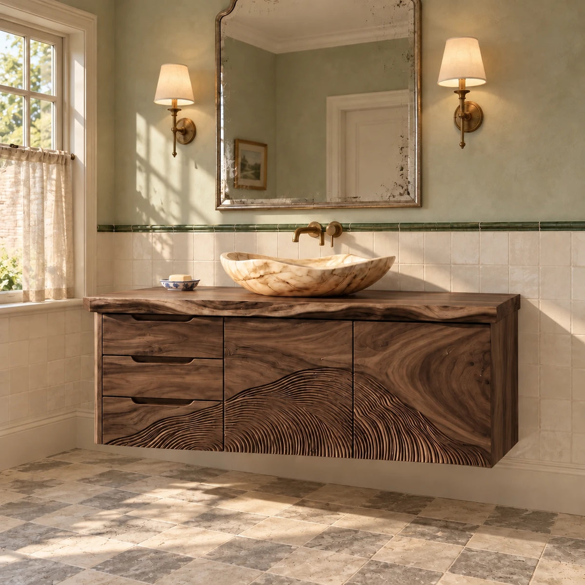 Floating Wood Vanity with Live-Edge Slab, Three Drawers and Wave-Carved Doors - Woodenecho - 9