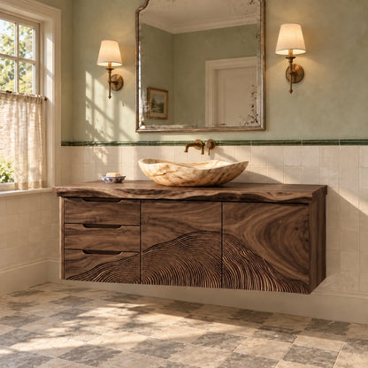 Floating Wood Vanity with Live-Edge Slab, Three Drawers and Wave-Carved Doors - Woodenecho - 9