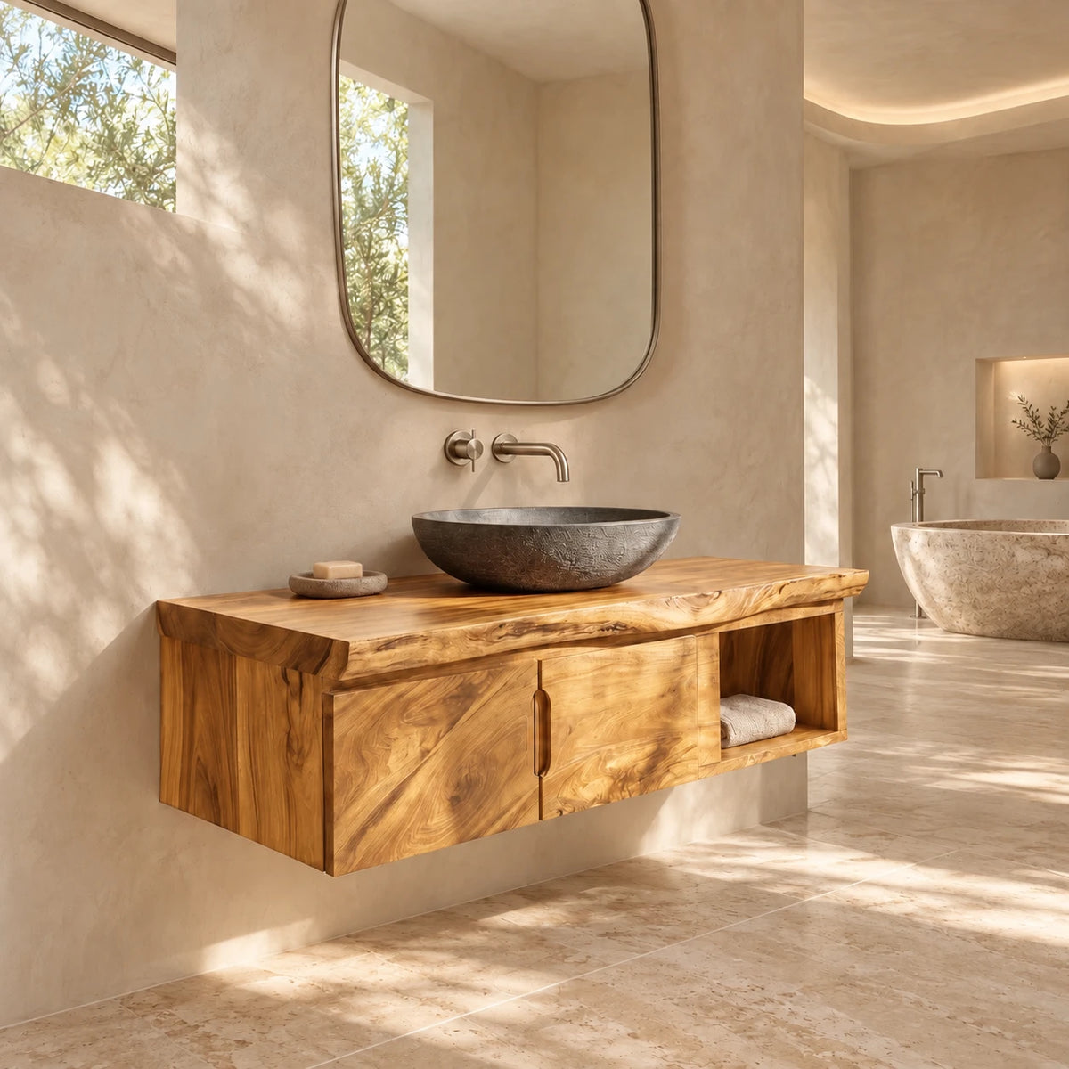 Floating Wood Vanity with Live-Edge Slab Top, Twin Doors and Open Towel Shelf - Woodenecho - 10