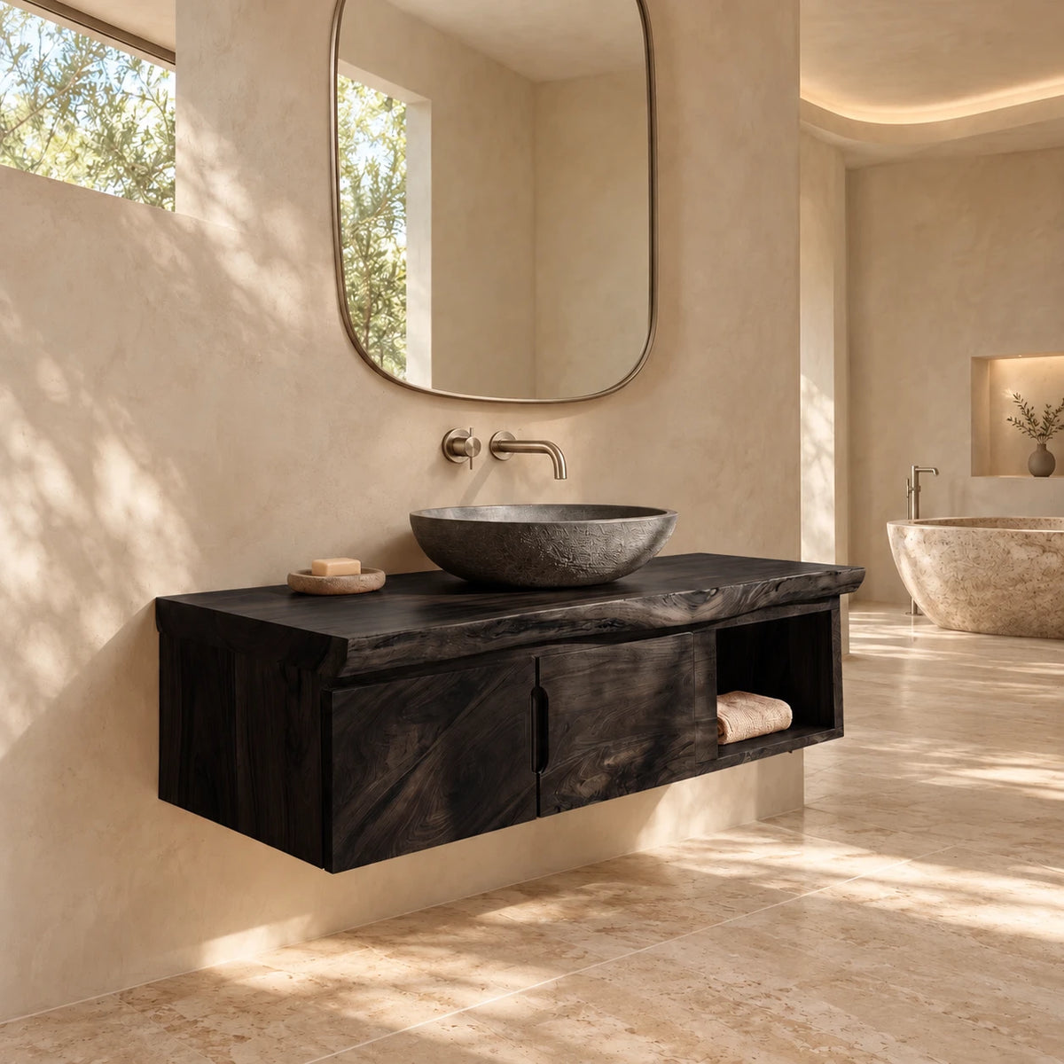Floating Wood Vanity with Live-Edge Slab Top, Twin Doors and Open Towel Shelf - Woodenecho - 11