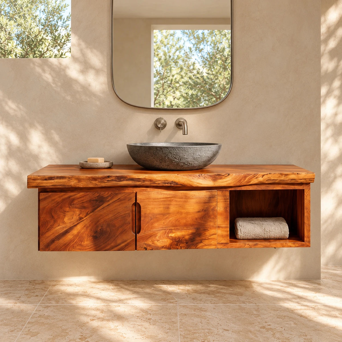 Floating Wood Vanity with Live-Edge Slab Top, Twin Doors and Open Towel Shelf - Woodenecho - 2