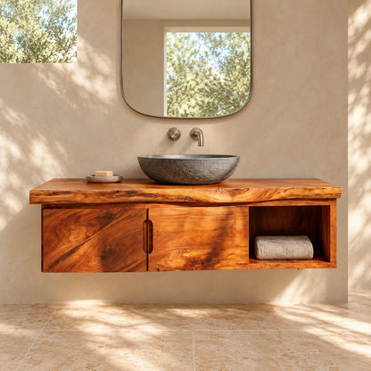 Floating Wood Vanity with Live-Edge Slab Top, Twin Doors and Open Towel Shelf - Woodenecho - 2
