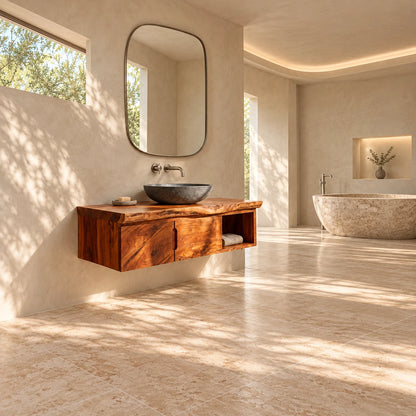 Floating Wood Vanity with Live-Edge Slab Top, Twin Doors and Open Towel Shelf - Woodenecho - 3