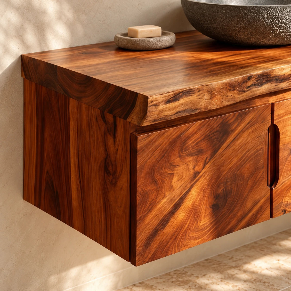Floating Wood Vanity with Live-Edge Slab Top, Twin Doors and Open Towel Shelf - Woodenecho - 4