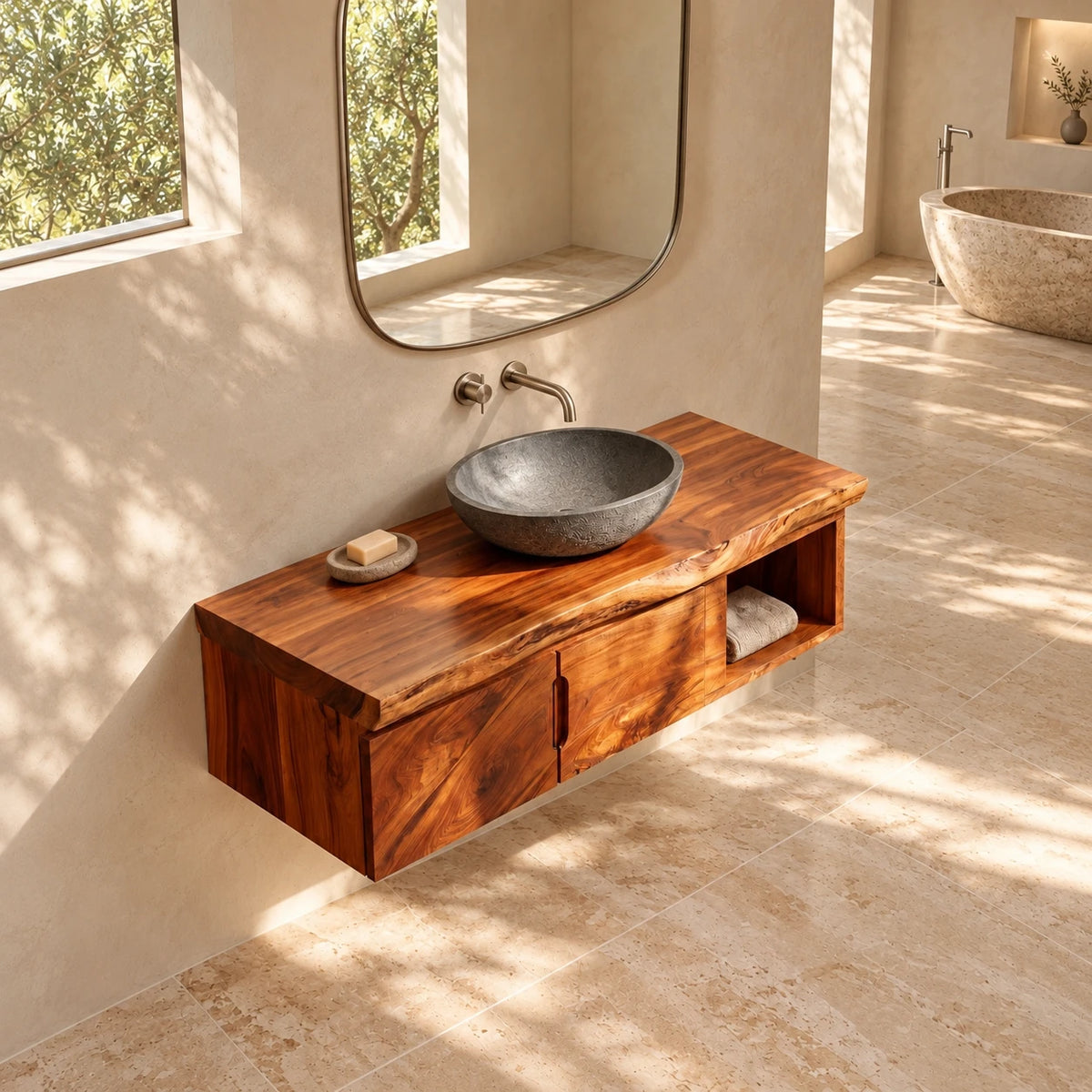 Floating Wood Vanity with Live-Edge Slab Top, Twin Doors and Open Towel Shelf - Woodenecho - 5