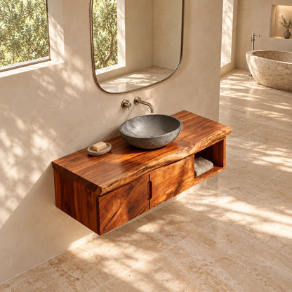 Floating Wood Vanity with Live-Edge Slab Top, Twin Doors and Open Towel Shelf - Woodenecho - 5