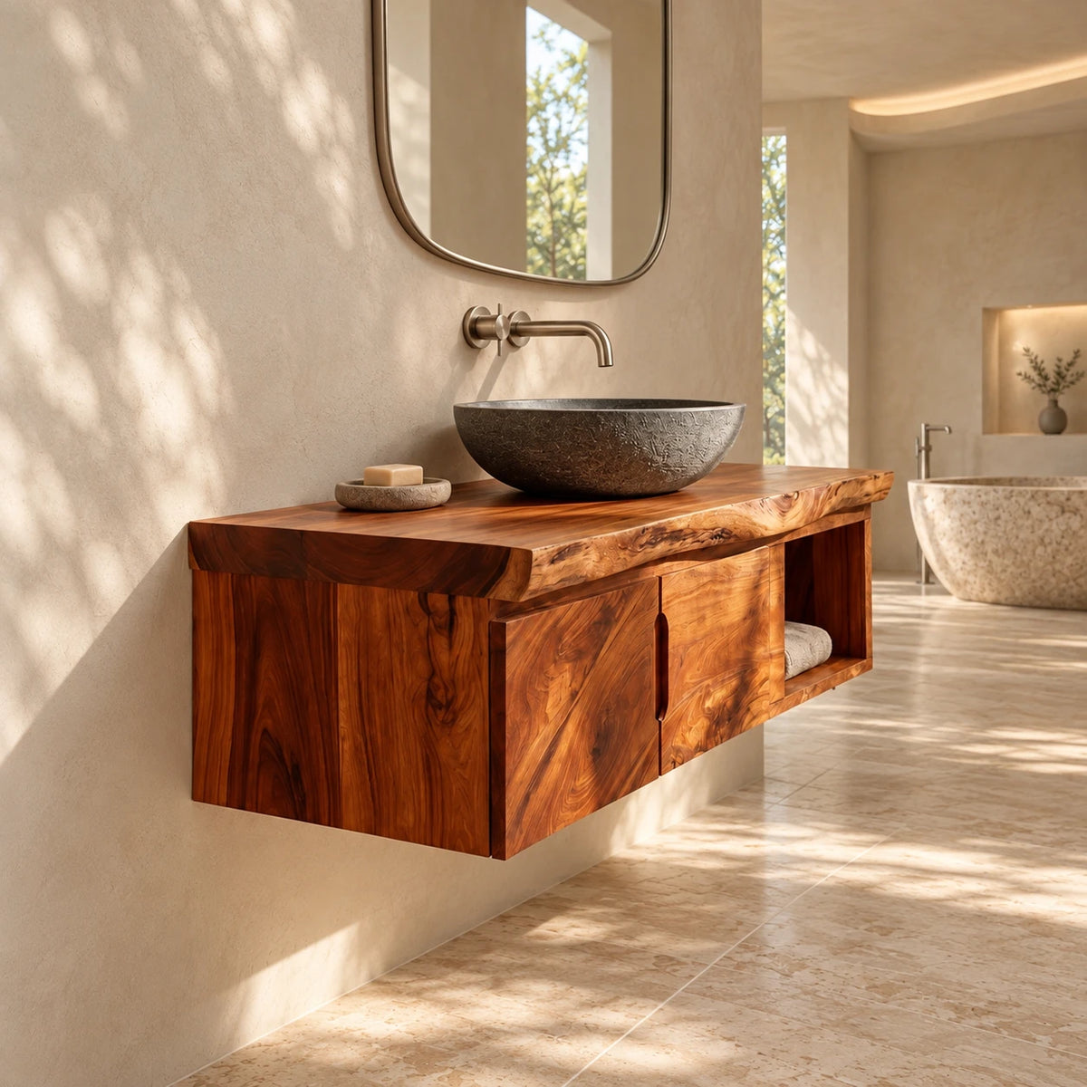 Floating Wood Vanity with Live-Edge Slab Top, Twin Doors and Open Towel Shelf - Woodenecho - 6