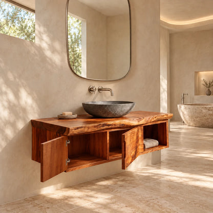 Floating Wood Vanity with Live-Edge Slab Top, Twin Doors and Open Towel Shelf - Woodenecho - 7