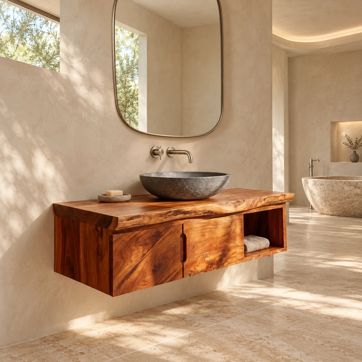 Floating Wood Vanity with Live-Edge Slab Top, Twin Doors and Open Towel Shelf - Woodenecho