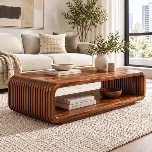 Fluted Coffee Table with Open Shelf in Natural Solid Wood Designs - Woodenecho - 1
