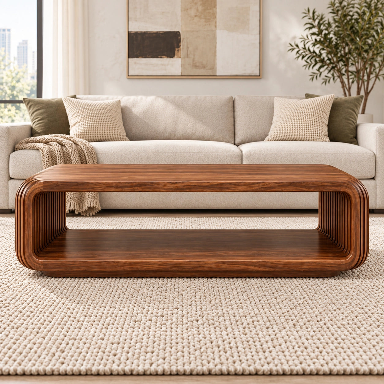 Fluted Coffee Table with Open Shelf in Natural Solid Wood Designs - Woodenecho - 2