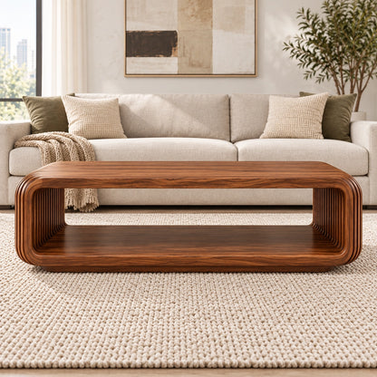 Fluted Coffee Table with Open Shelf in Natural Solid Wood Designs - Woodenecho - 2