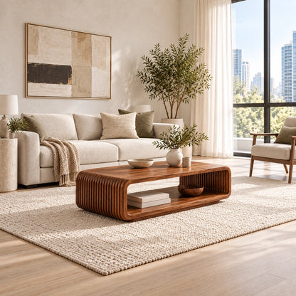 Fluted Coffee Table with Open Shelf in Natural Solid Wood Designs - Woodenecho - 3