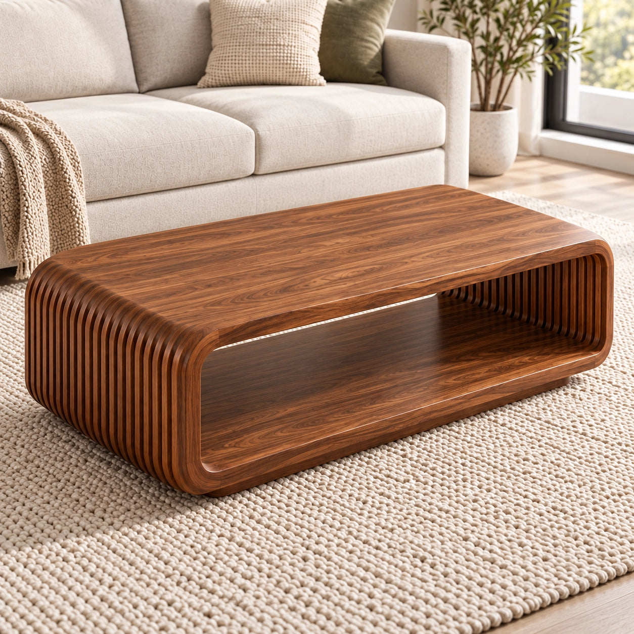 Fluted Coffee Table with Open Shelf in Natural Solid Wood Designs - Woodenecho - 4