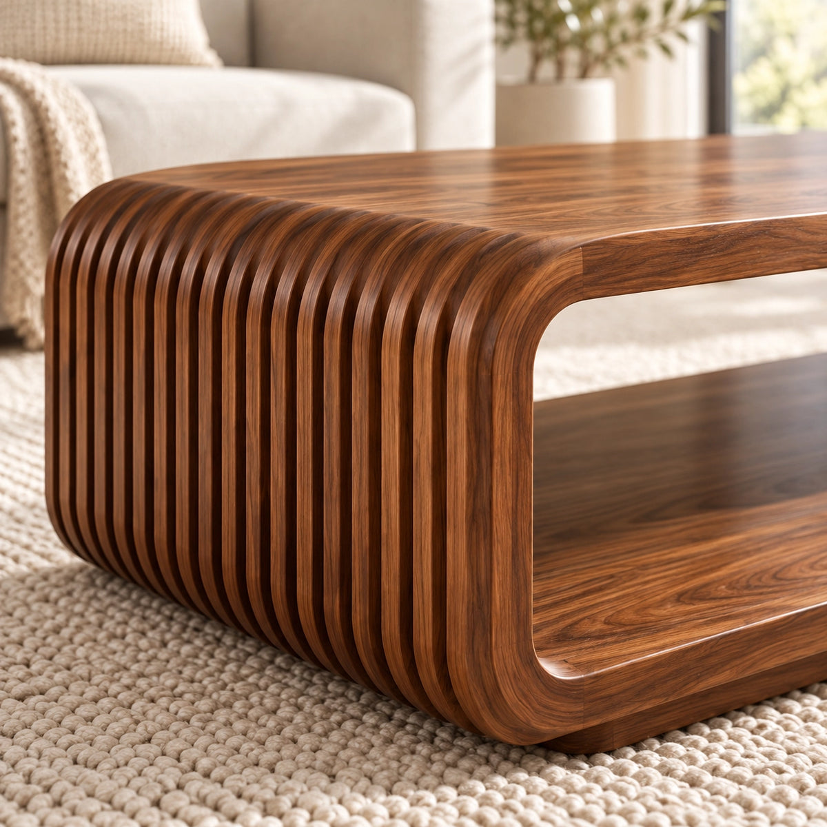 Fluted Coffee Table with Open Shelf in Natural Solid Wood Designs - Woodenecho - 5