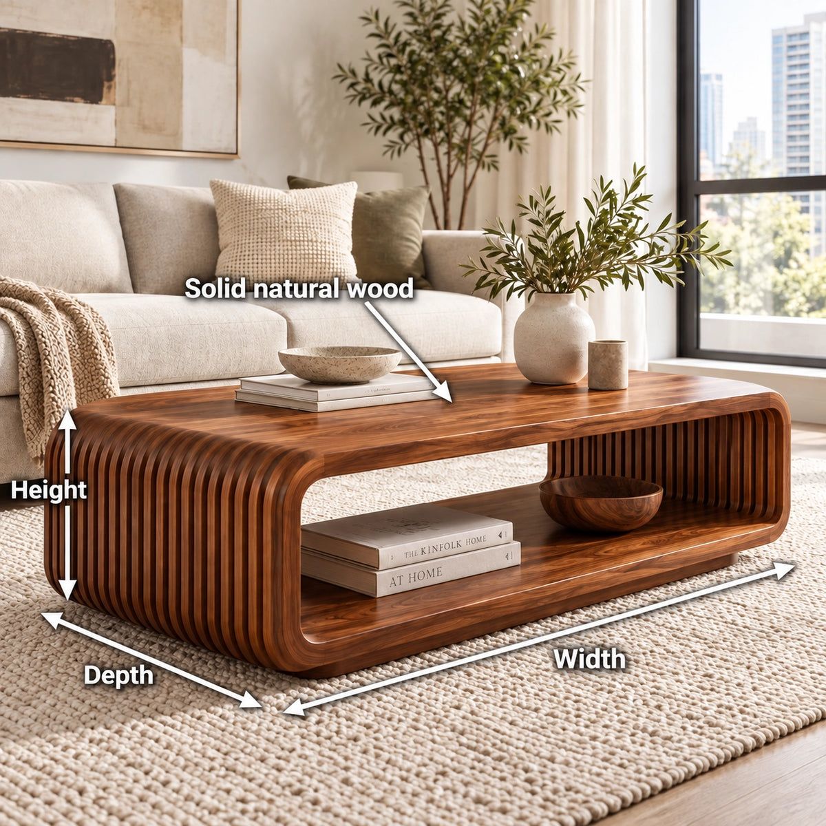 Fluted Coffee Table with Open Shelf in Natural Solid Wood Designs - Woodenecho - 6