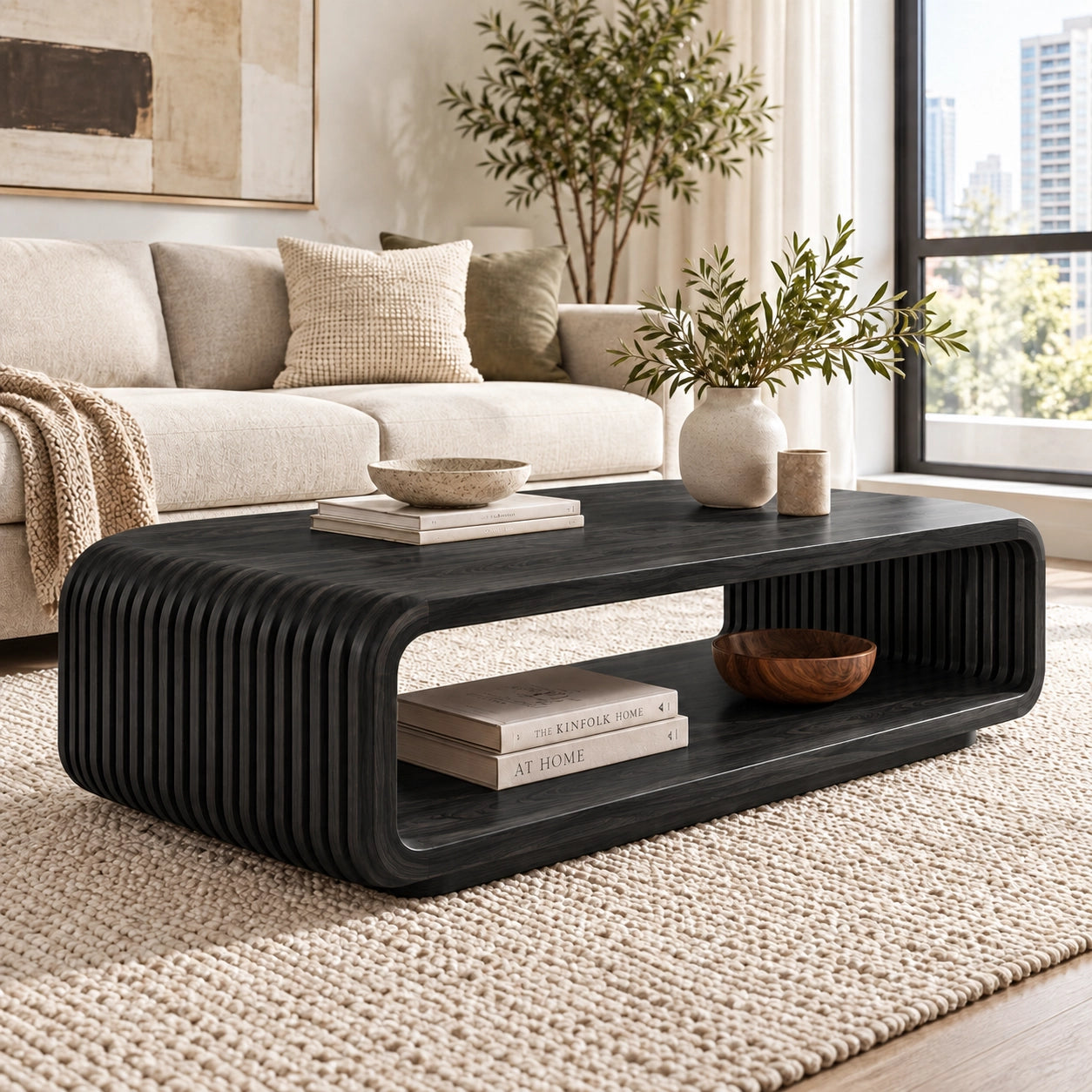 Fluted Coffee Table with Open Shelf in Natural Solid Wood Designs - Woodenecho - 7