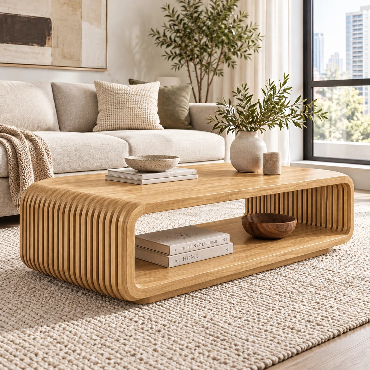 Fluted Coffee Table with Open Shelf in Natural Solid Wood Designs - Woodenecho - 8